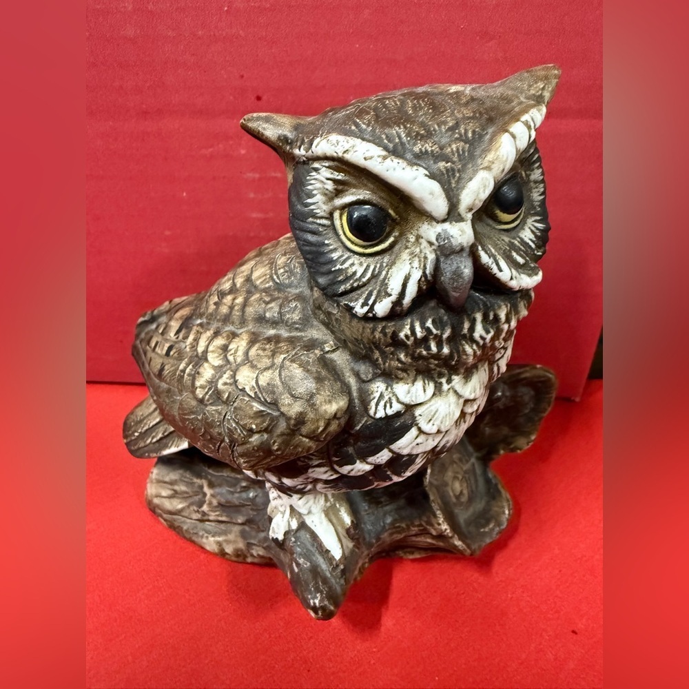 Vintage Homco Brown and White Ceramic Horned Owl Sculpture Art Figurine on a log
